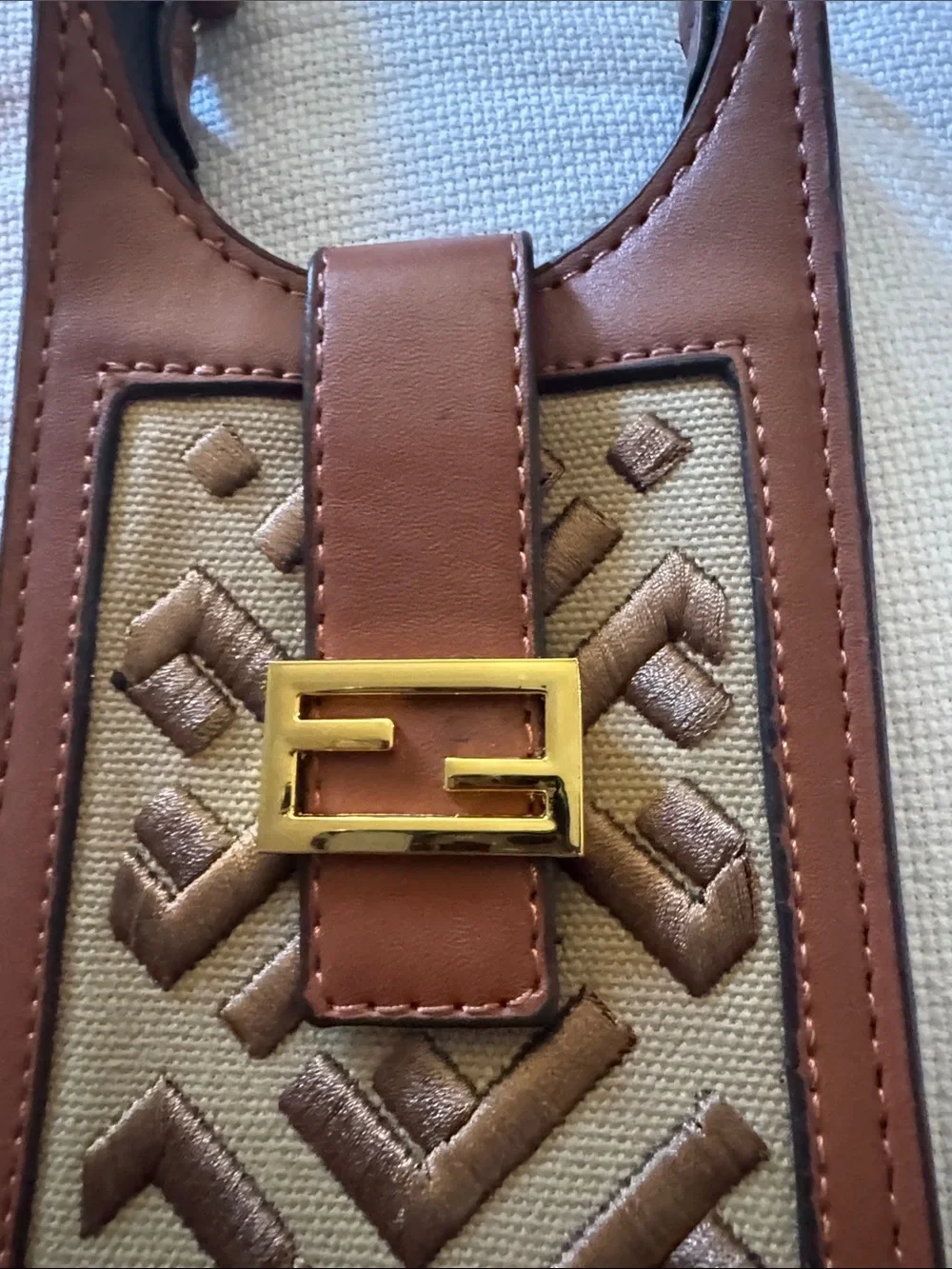 Fendi Brown Leather-Trim Embroidered Canvas Phone Holder